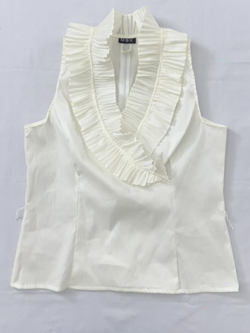 MSK Women's XL Ivory Pleated Ruffle Sleeveless Blouse Mock Neck Stretch Satin - Picture 5 of 10